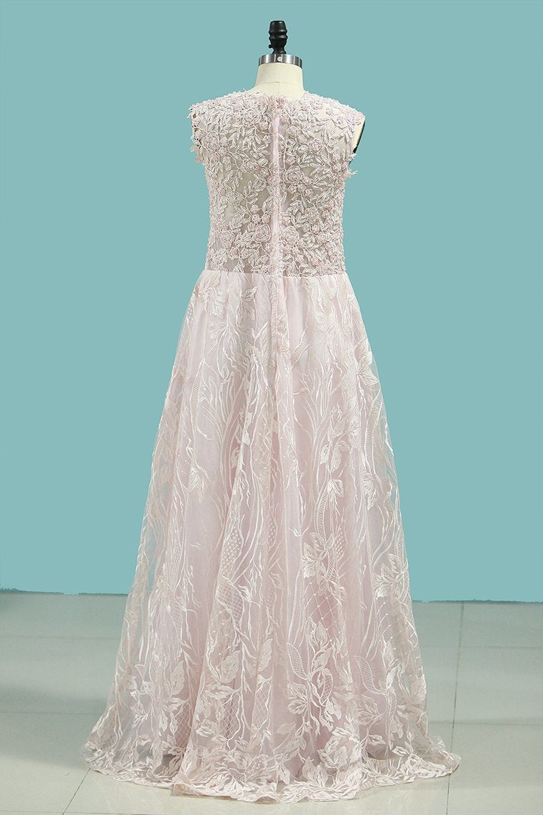 A Line Scoop Evening Dresses Lace With Applique And Beading Sweep Train