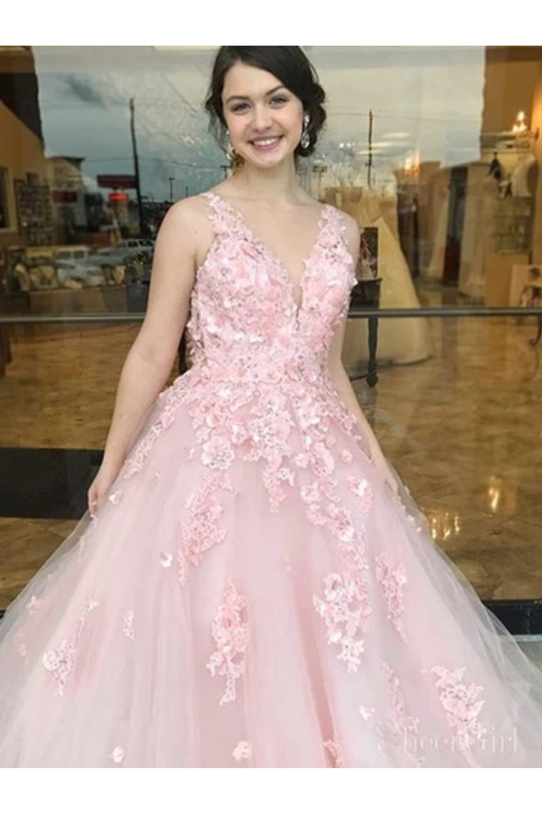 Elegant Ball Gown Prom Dresses With Appliques V Neck Floor Length