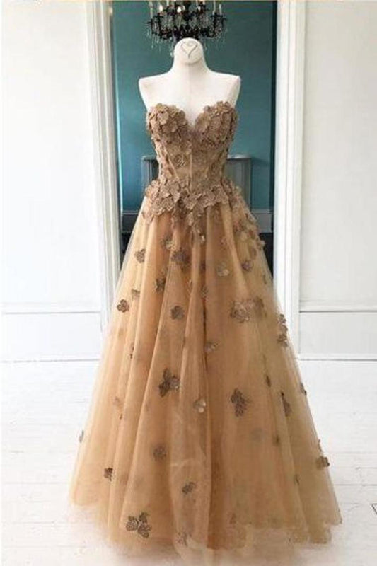 Elegant A-Line Sweetheart Appliqued Brown Prom Dress