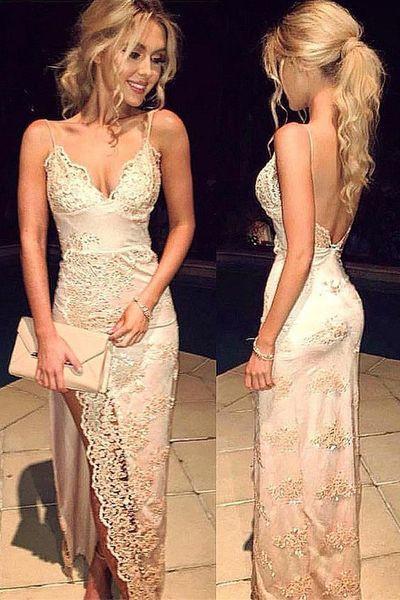 Gorgeous Spaghetti Straps V-Neck Backless Sleeveless Prom Dresses Lace with Front Split WK78
