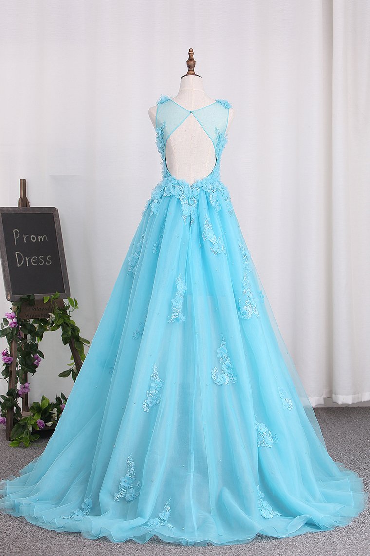 A Line Prom Dresses Tulle Bateau With Applique And Handmade Flower Sweep Train