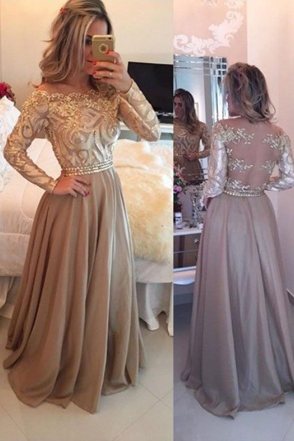 Hot Selling A-Line Cowl Floor Length Gold with Long Sleeves Prom Dresses WK710