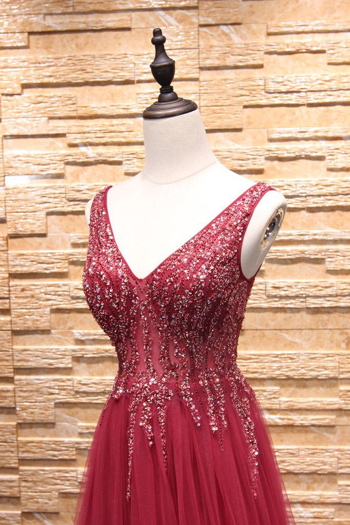 Simple A-Line Burgundy V-Neck Beads Tulle Long Sleeveless Slit Backless Prom Dresses WK241