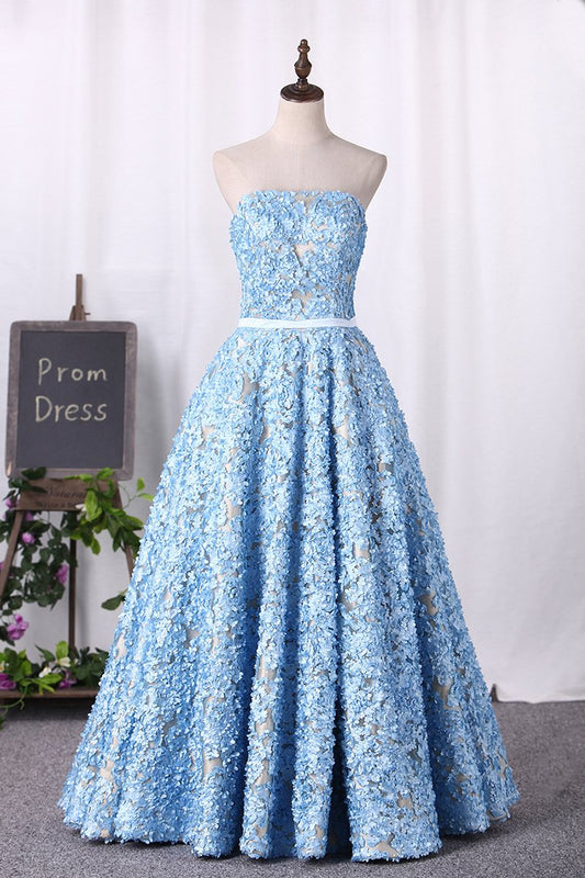 A-Line Evening Dresses Strapless Floor-Length With Lace & Handmade Flower