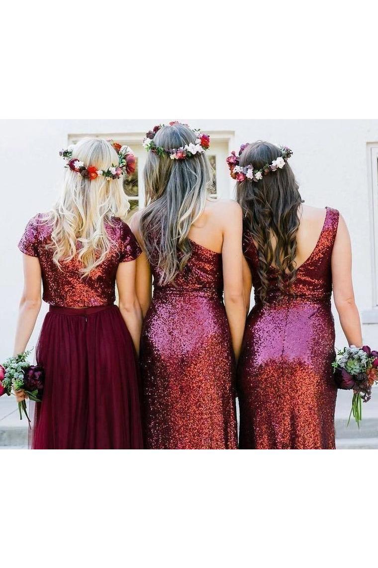 Sparkly Long Burgudny Sequin Shiny Wedding Party Dresses Bridesmaid Dresses