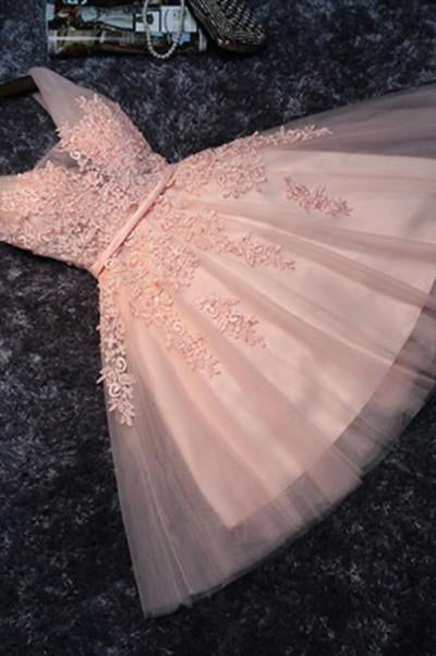 Lace Appliqued Tulle Blush Pink Short Prom Dress Sweet 16 Dress WK879