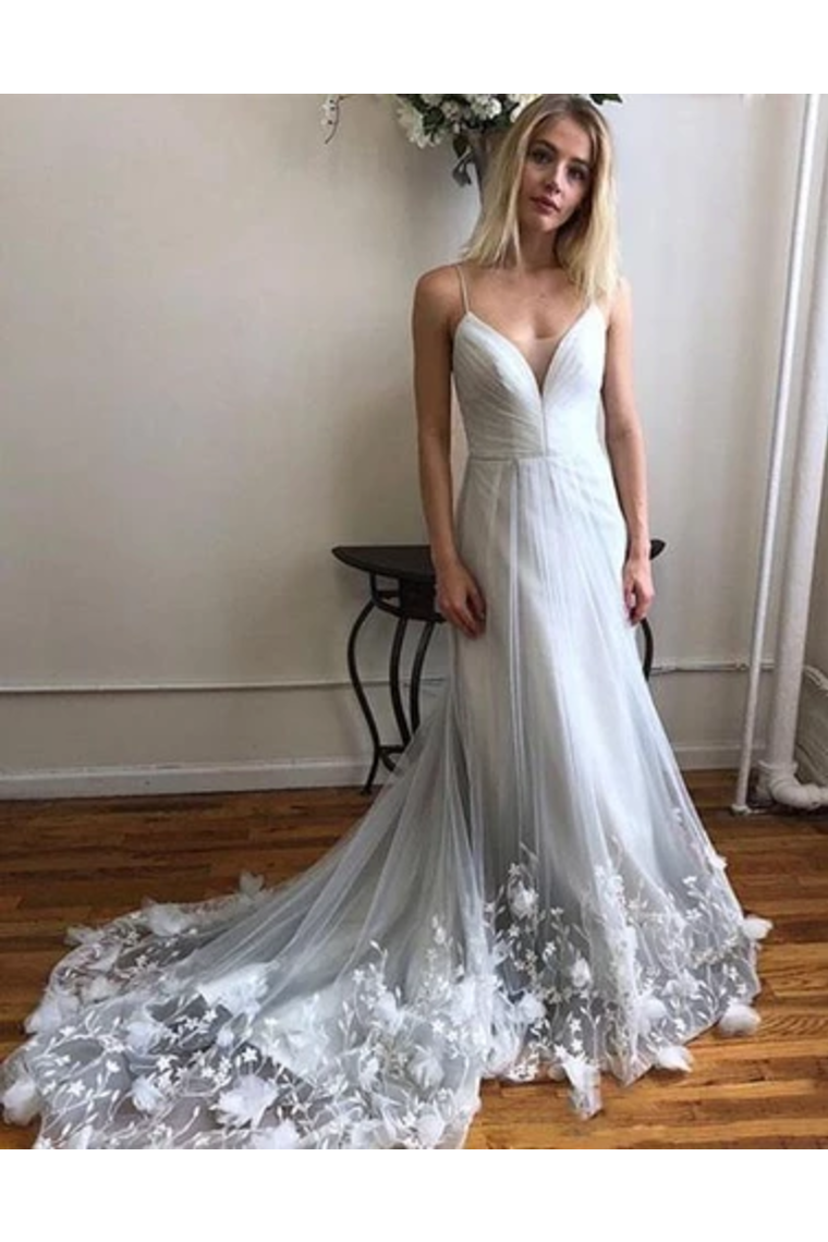 Unique Spaghetti Strap Long Cheap Tulle Prom/Wedding Dresses With Applique