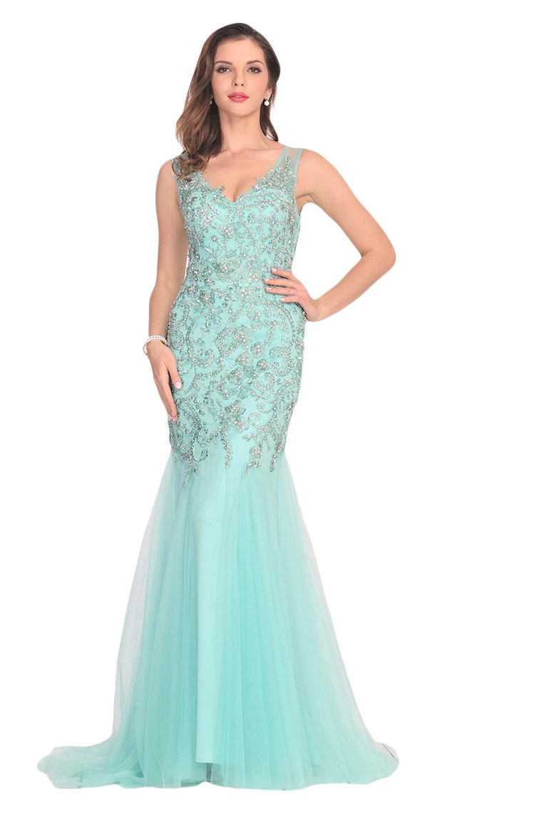 New Arrival V Neck Tulle With Applique And Beads Mermaid Prom Dresses
