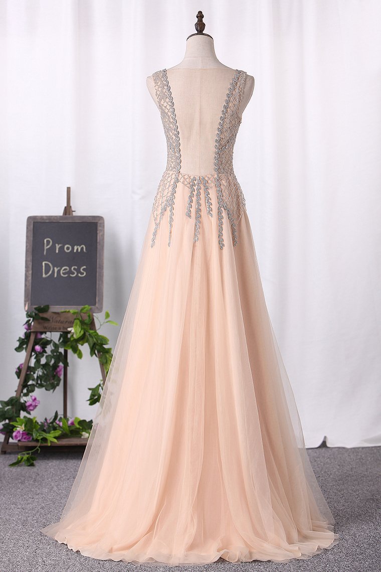 Prom Dresses Scoop Open Back A Line Tulle With Beads And Slit