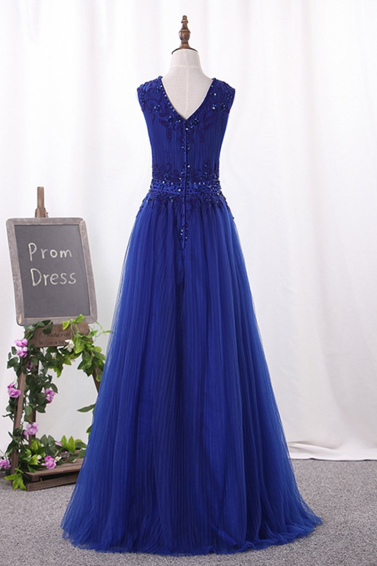 A Line Scoop Tulle With Beading Prom Dresses Floor Length