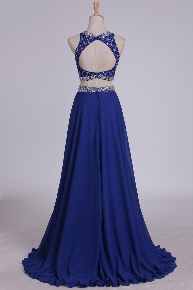Two Pieces Bateau Open Back Prom Dresses A Line Chiffon & Tulle Dark Royal Blue