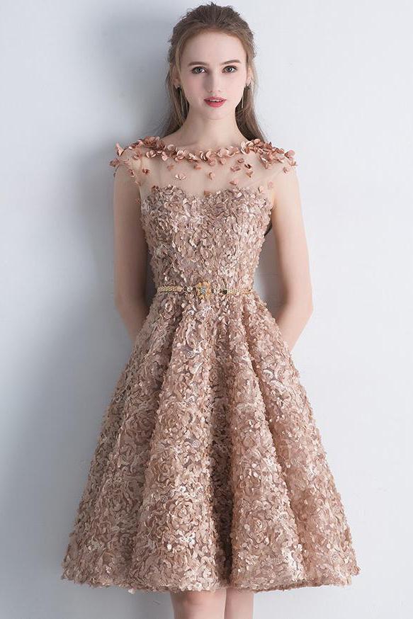 A Line Gold Cap Sleeves Scoop Lace Appliques Short Prom Dresses Homecoming Dresses WK907