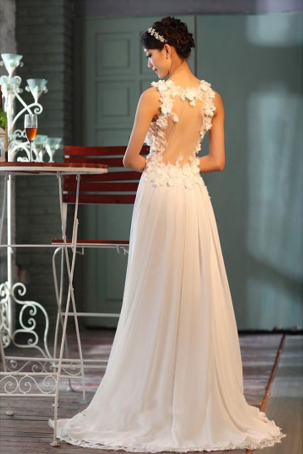 Sheer Back A-Line V-Neck Floor-Length Chiffon Appliques Sleeveless Wedding Dress WK66