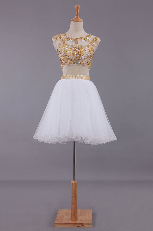 Two-Piece Scoop A Line Short/Mini Homecoming Dresses Tulle Beaded Bodice