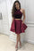 Burgundy Two Pieces Halter Satin Short Prom Dress with Pockets Homecoming Dresses WK913