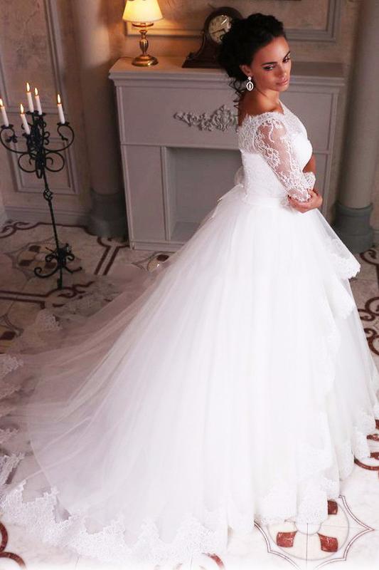 Ball Gown Lace Tulle 3/4 Sleeves Scoop White Lace up Wedding Gowns Wedding Dresses WK309