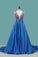 V Neck Prom Dresses A Line Open Back Satin With Beading