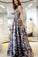 A-Line V-Neck Sweep Train Multi Color Printed Flower Sleeveless Backless Prom Dresses WK277