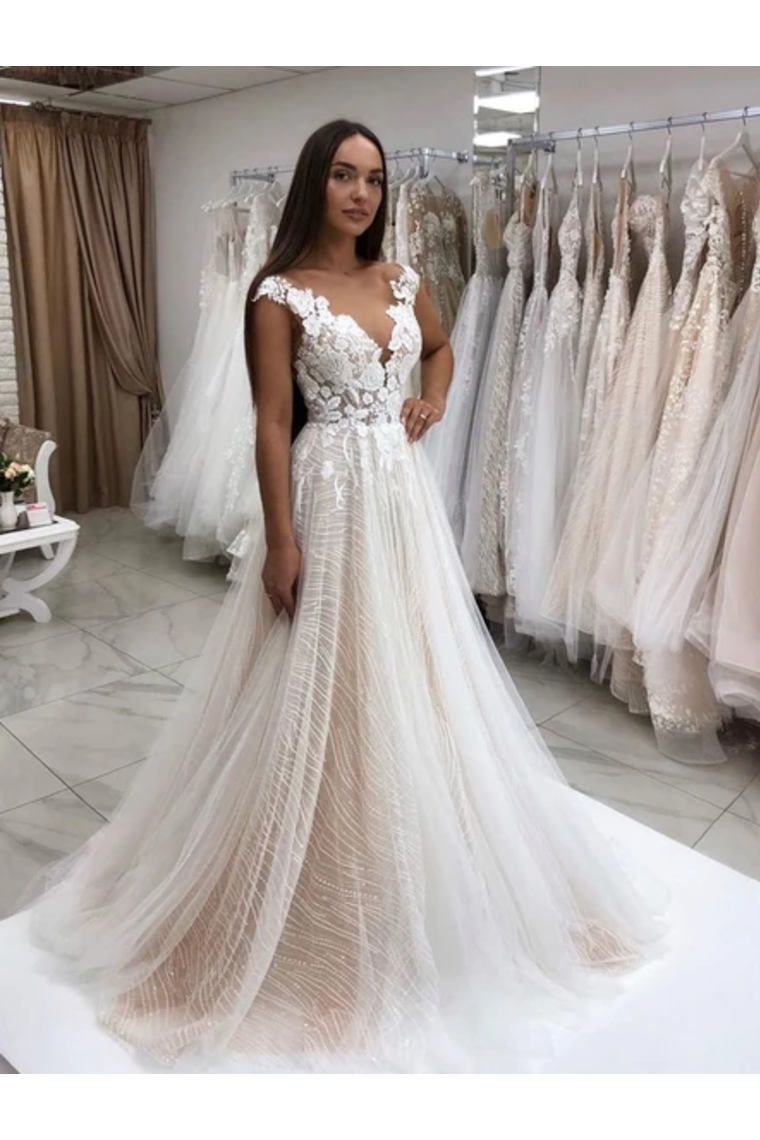 Timeless Lace Sparkly Sequins Tulle A-Line Wedding Dress With Appliques Wedding Gown