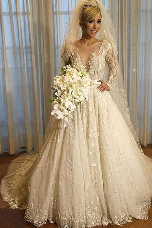 Luxury New Style V-Neck A-Line Wedding Dress Long Sleeves With Bow Knot
