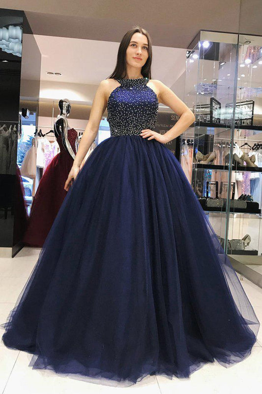 Elegant Scoop Royal Blue Ball Gown Open Back Halter Beading Tulle Prom Dresses WK438