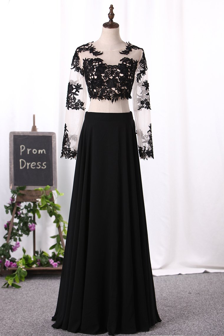 Two-Piece Scoop Long Sleeves Prom Dresses A Line Chiffon With Applique
