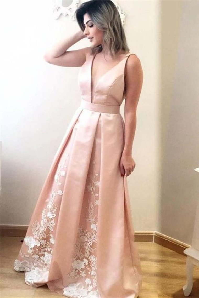 Beautiful V-Neck Pink Long A-Line Prom Dresses With Ivory Appliques