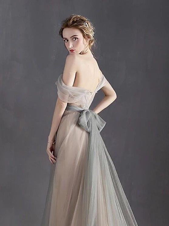 Cheap A-Line Off the Shoulder Simple Silver Sweetheart Tulle Backless Prom Dresses WK440