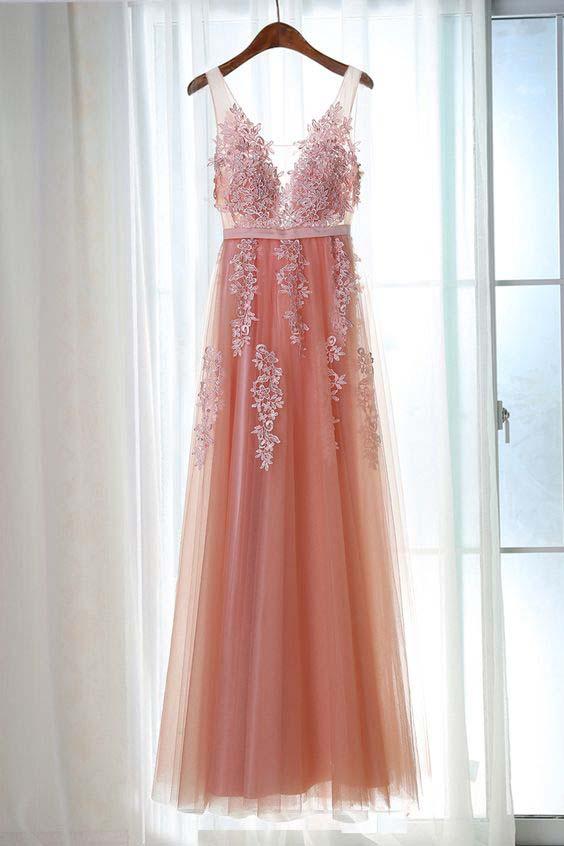 Charming Appliques Tulle V-Neck Beads Sleeveless Scoop Pearl Pink Prom Dresses WK408