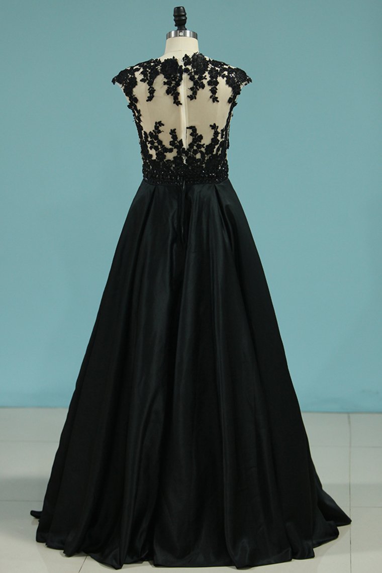 A Line Scoop Satin With Applique And Beads Prom Dresses