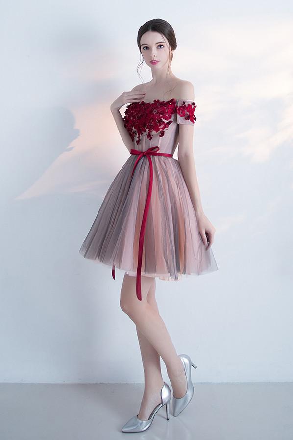 A Line Red Off the Shoulder Above Knee Short Sleeve Flowers Homecoming Dresses WK308