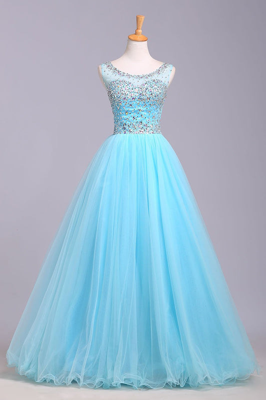 Ball Gown Blue Scoop Sequins Organza Long Prom Dresses Elegant Party Dresses WK165