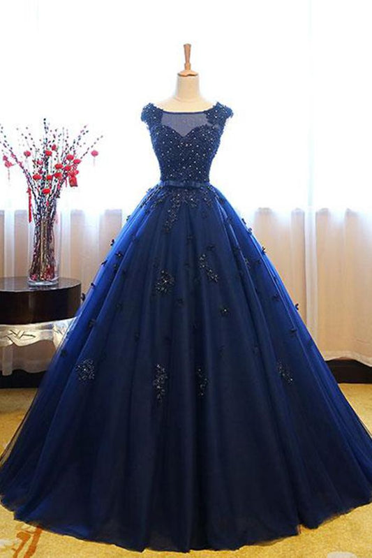 Dark Blue Tulle Lace Beads Ball Gown Open Back Sweet 16 Dress Quinceanera Dresses WK808