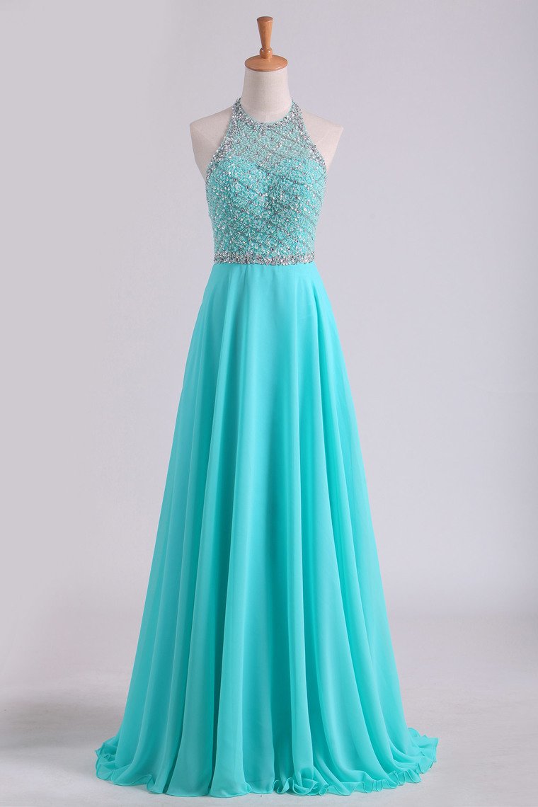 Open Back A Line Prom Dresses Halter Beaded Bodice Sweep Train Chiffon & Tulle
