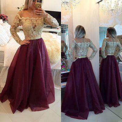 Burgundy Princess Lace Bodice Long Sleeves A-Line Organza Dark Red Evening Dresses WK14