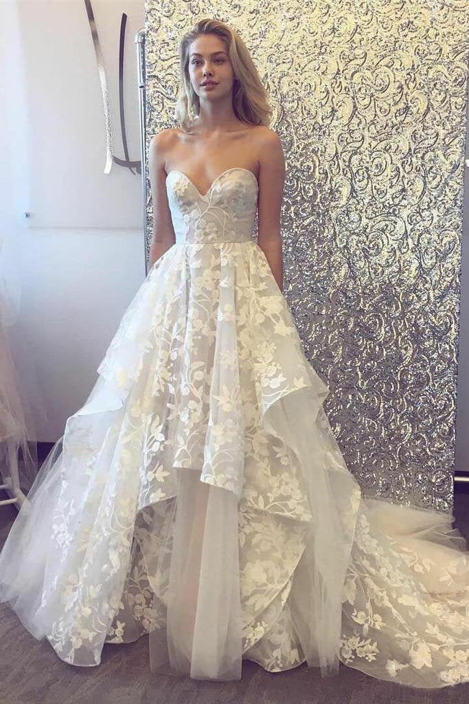 A-line 3D Lace Appliques V Neck Strapless Wedding Dresses Chapel Train Wedding Gowns PW924