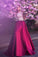 Romantic A-Line Jewel Rose Red Satin Round Neck Prom Dresses with Lace Appliques WK458