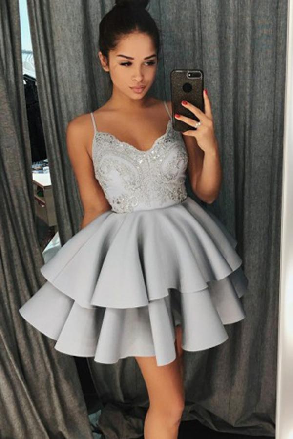 A-Line Spaghetti Straps Sweetheart Grey Satin Homecoming Dress with Lace Beading WK592