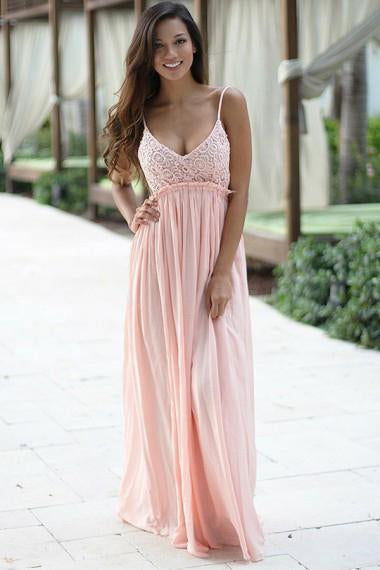 A-Line Spaghetti Straps Floor-Length Backless Sleeveless Pink Chiffon Lace Prom Dresses WK276