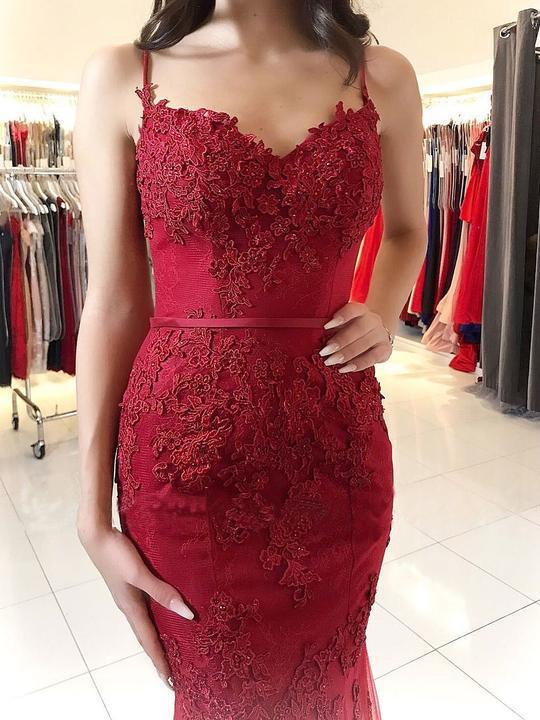 Cheap Red Spaghetti Straps Sweetheart Mermaid With Lace Appliques Prom Dresses WK121