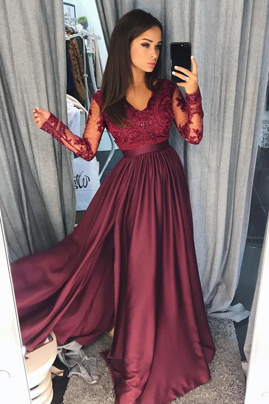 Elegant A-Line Lace Long Sleeves Satin Burgundy Beads Slit V-Neck Prom Dresses WK298