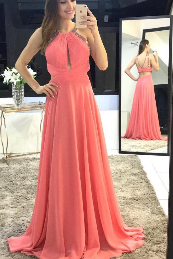 Charming Scoop A-Line Long Watermelon Chiffon Backless Sleeveless Prom Dresses WK318