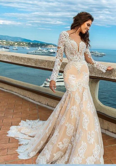 2024 White Lace Mermaid Deep V-Neck Backless Long Sleeve Wedding Dresses WK835