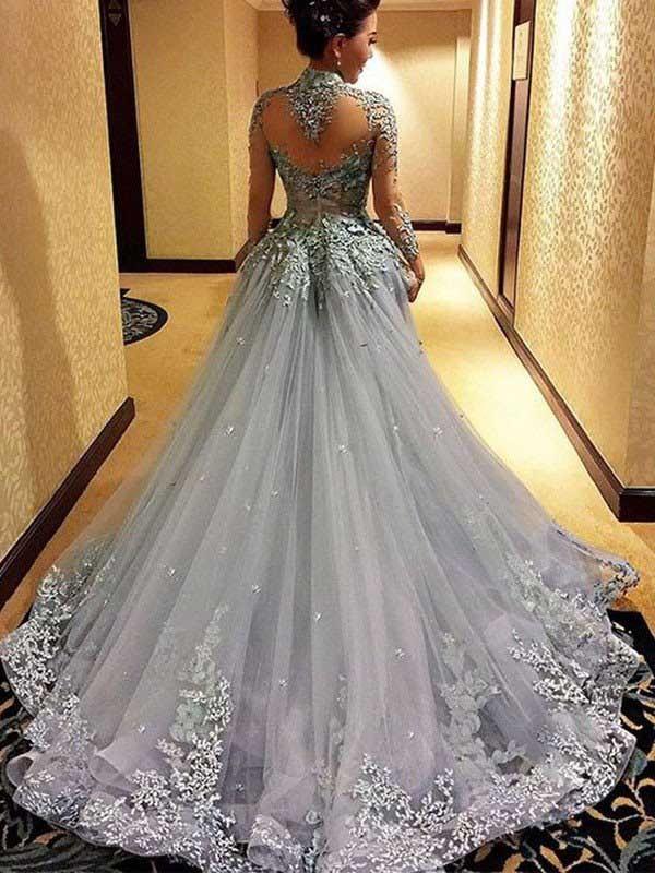 Gorgeous Ball Gown Princess Long Sleeves Tulle Gray Long Prom Dresses WK113