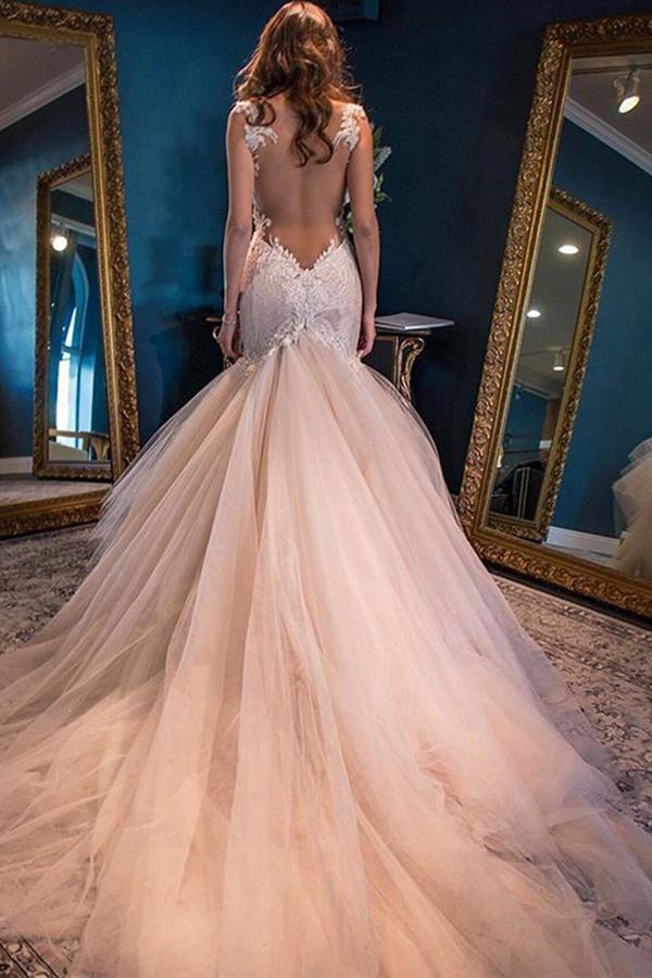 Elegant Mermaid Sweetheart Watteau Train Yarn Lace Tulle Pink Wedding Dresses WK303