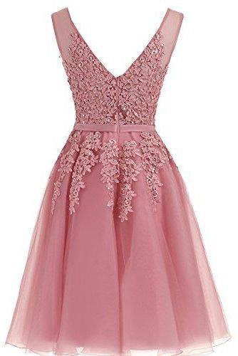 Short Dusty Rose Homecoming Dresses Lace Beads Tulle Appliqued Princess Hoco Dress WK729