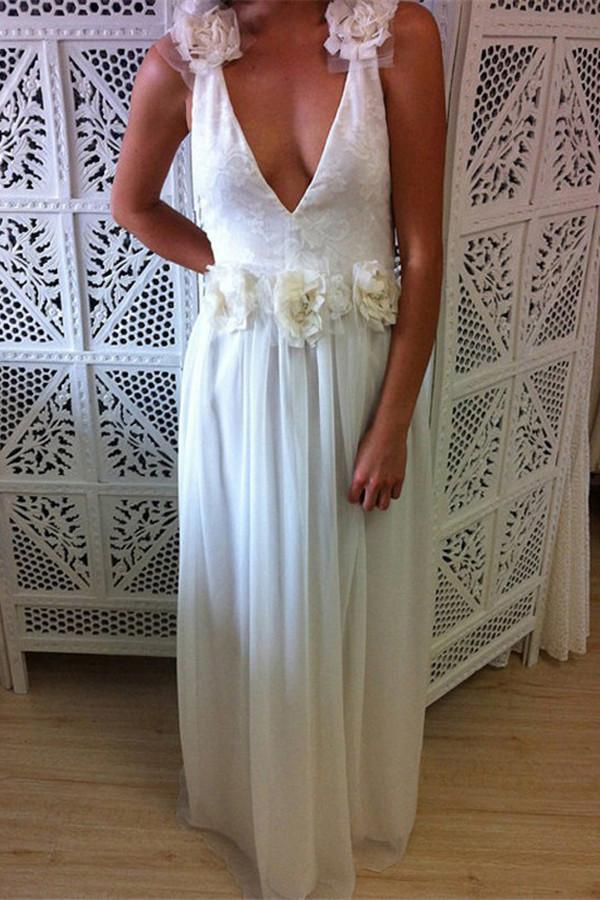 A-Line V-Neck Floor Length Backless Chiffon Tulle Wedding Dress with Handmade Flower WK640