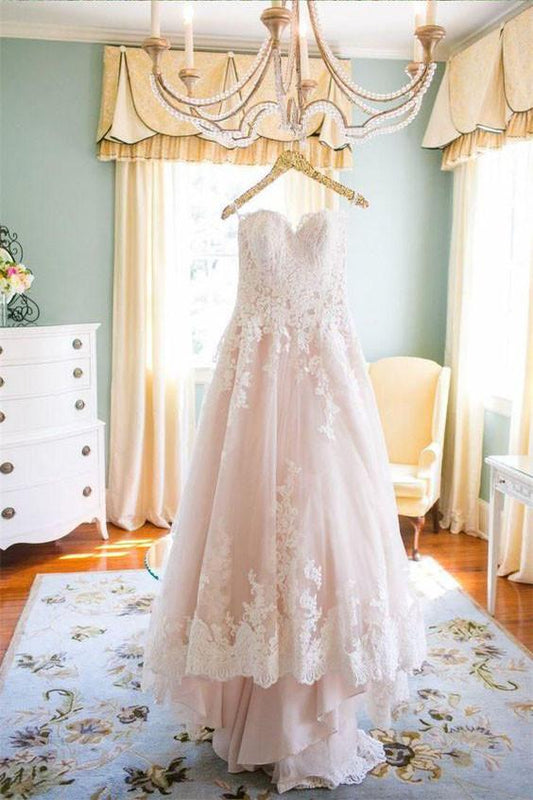 Stunning A-Line Spaghetti Straps Sleeveless High-Low Appliques Wedding Dress WK112