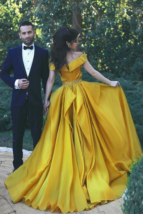 Stylish A-Line Off-Shoulder Yellow Chiffon Evening Dress with Beads Prom Dresses WK457