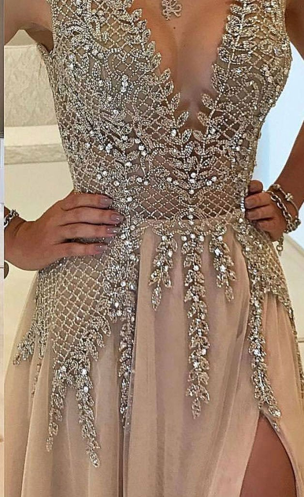 2024 A-line V-neck Nude Tulle with Slit Sexy Shinny Rhinestone Long Prom Dresses WK634